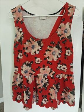 Anthropologie Floral Red Peplum Tank Top With Cutout In The Back